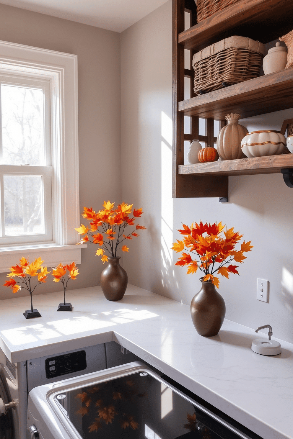 A cozy laundry room featuring a stylish countertop adorned with miniature fall leaf arrangements in warm hues of orange and yellow. The space is brightened by natural light streaming through a window, complemented by rustic wooden shelves displaying decorative baskets and seasonal accents.