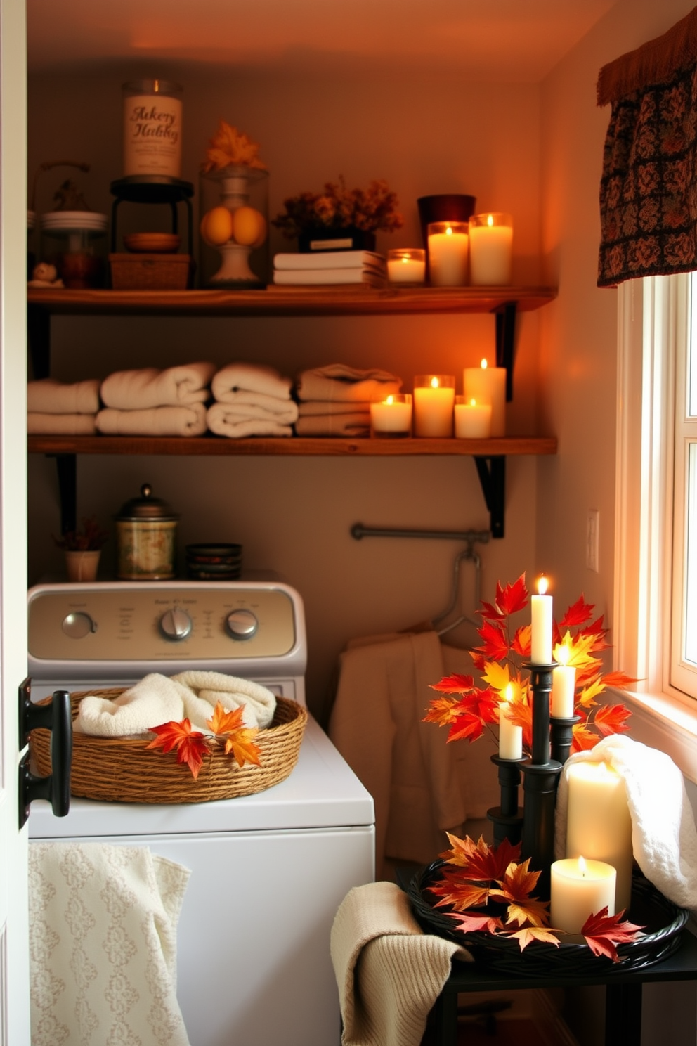 A cozy laundry room adorned with candles featuring rich autumn scents. The space is enhanced by warm lighting that casts a soft glow, creating a welcoming atmosphere. Decorative elements include wooden shelves filled with neatly folded towels and seasonal decor. A rustic basket holds fresh laundry, while a small table displays an arrangement of colorful leaves and candles.