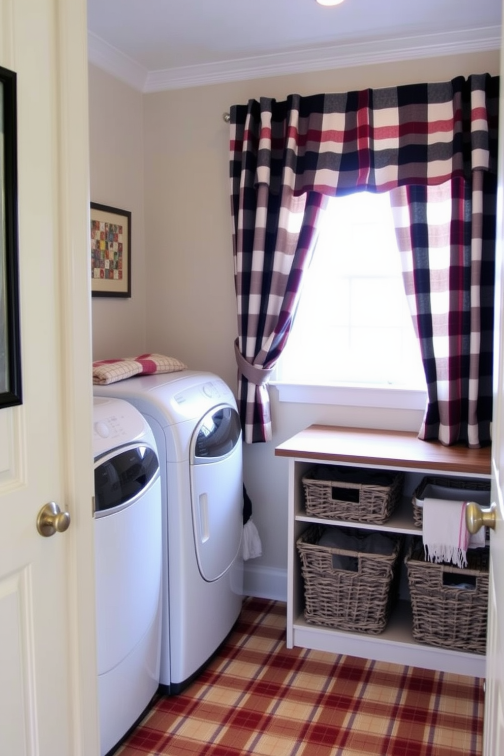 A cozy laundry room featuring plaid-patterned curtains that add a touch of warmth and charm. The floor is covered with a matching plaid rug, creating a cohesive and inviting atmosphere. The laundry area includes a stylish countertop for folding clothes, with baskets neatly arranged underneath for storage. Soft lighting illuminates the space, enhancing the overall comfort and functionality of this essential room.