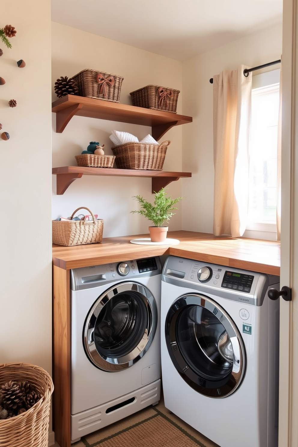 A cozy laundry room featuring natural elements like pinecones and acorns. The walls are painted in a soft cream color, and there are wooden shelves displaying decorative baskets filled with seasonal items. A rustic wooden countertop holds a stylish washing machine and dryer, accented with a small potted plant. Natural light streams in through a window adorned with linen curtains, creating a warm and inviting atmosphere.