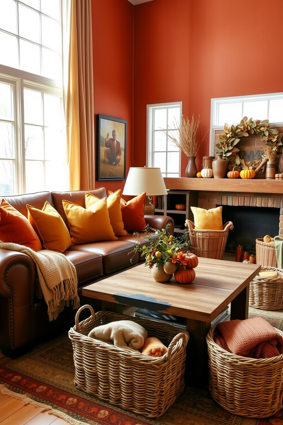 A cozy fall living room featuring a warm color palette with earthy tones. The walls are painted in a soft terracotta shade, complemented by a rich brown leather sofa adorned with mustard and deep orange throw pillows. A rustic wooden coffee table sits in the center, surrounded by woven baskets filled with cozy blankets. Large windows draped with sheer curtains allow natural light to fill the space, highlighting a collection of autumn-themed decor on the mantel.