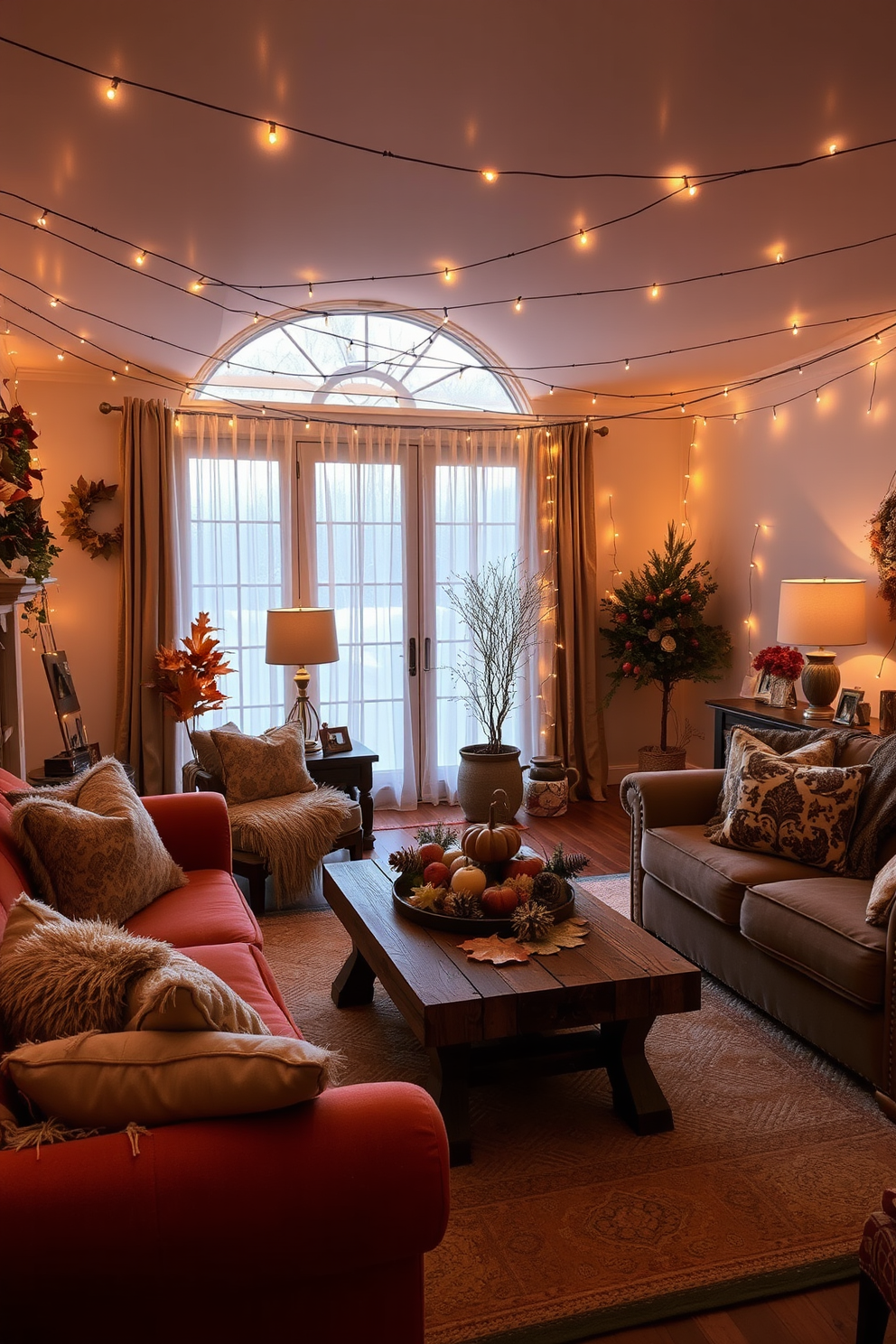 A cozy fall living room setting adorned with string lights that cast a warm glow throughout the space. Plush seating arrangements in rich autumn hues complement a rustic coffee table adorned with seasonal decorations.