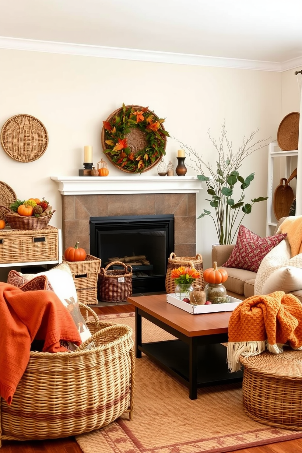 A cozy fall living room adorned with woven baskets for storage and decor. The baskets are strategically placed around the room, adding texture and warmth to the space. Rich autumn hues dominate the color palette, with deep oranges, browns, and golds creating a welcoming atmosphere. Plush throw blankets and decorative pillows complement the woven baskets, enhancing the seasonal charm.