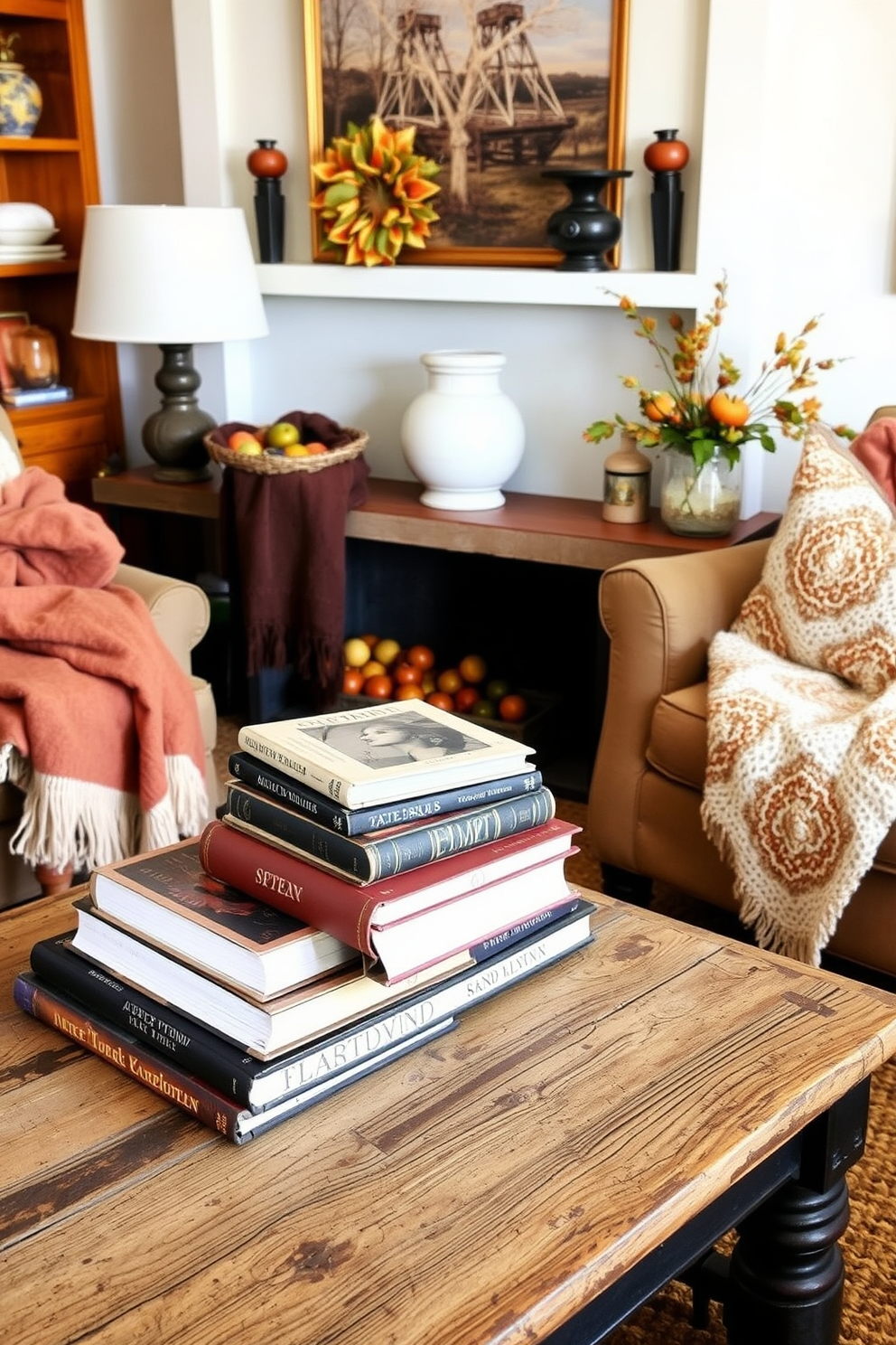 A cozy living room adorned with vintage books stacked elegantly on a rustic coffee table. The space is filled with warm autumn hues, featuring plush throw blankets and decorative pillows that invite relaxation.