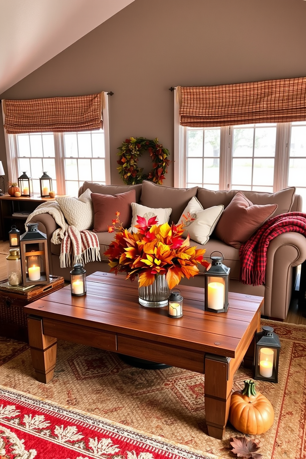 A cozy fall living room featuring rustic lanterns scattered throughout the space. The warm glow from the lanterns complements the rich hues of autumn leaves displayed in a large vase on the coffee table. A plush, oversized sofa is adorned with knitted throw blankets and an array of decorative pillows in earthy tones. A wooden coffee table sits in front, surrounded by a mix of textured rugs that add warmth and depth to the room.