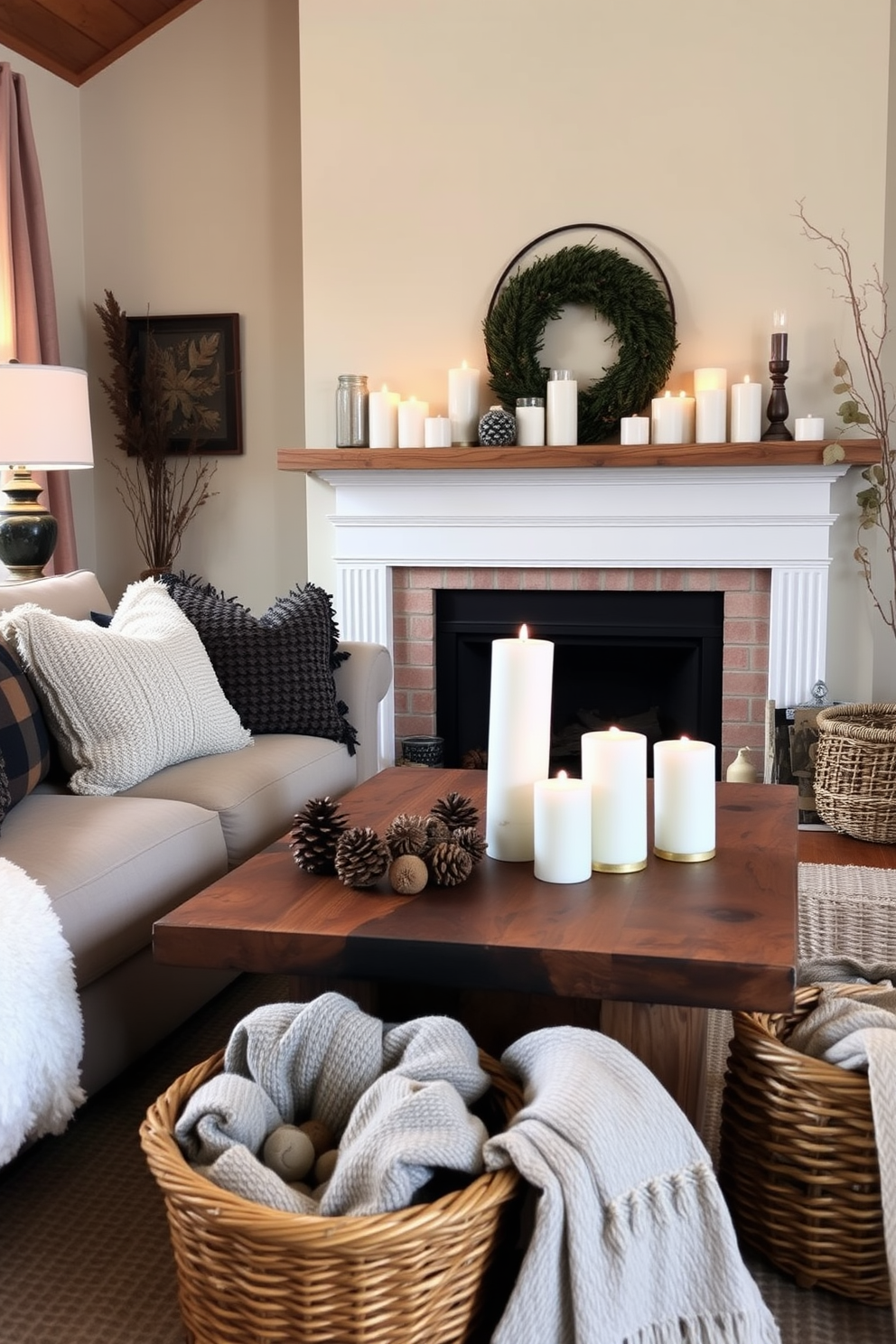 A cozy fall living room filled with warm hues and natural elements. A plush sofa adorned with textured throw pillows is complemented by a rustic coffee table made of reclaimed wood. On the mantle, a collection of pine cones and acorns is artfully arranged among candles of varying heights. Soft, ambient lighting creates an inviting atmosphere, while a woven basket holds cozy blankets for chilly evenings.