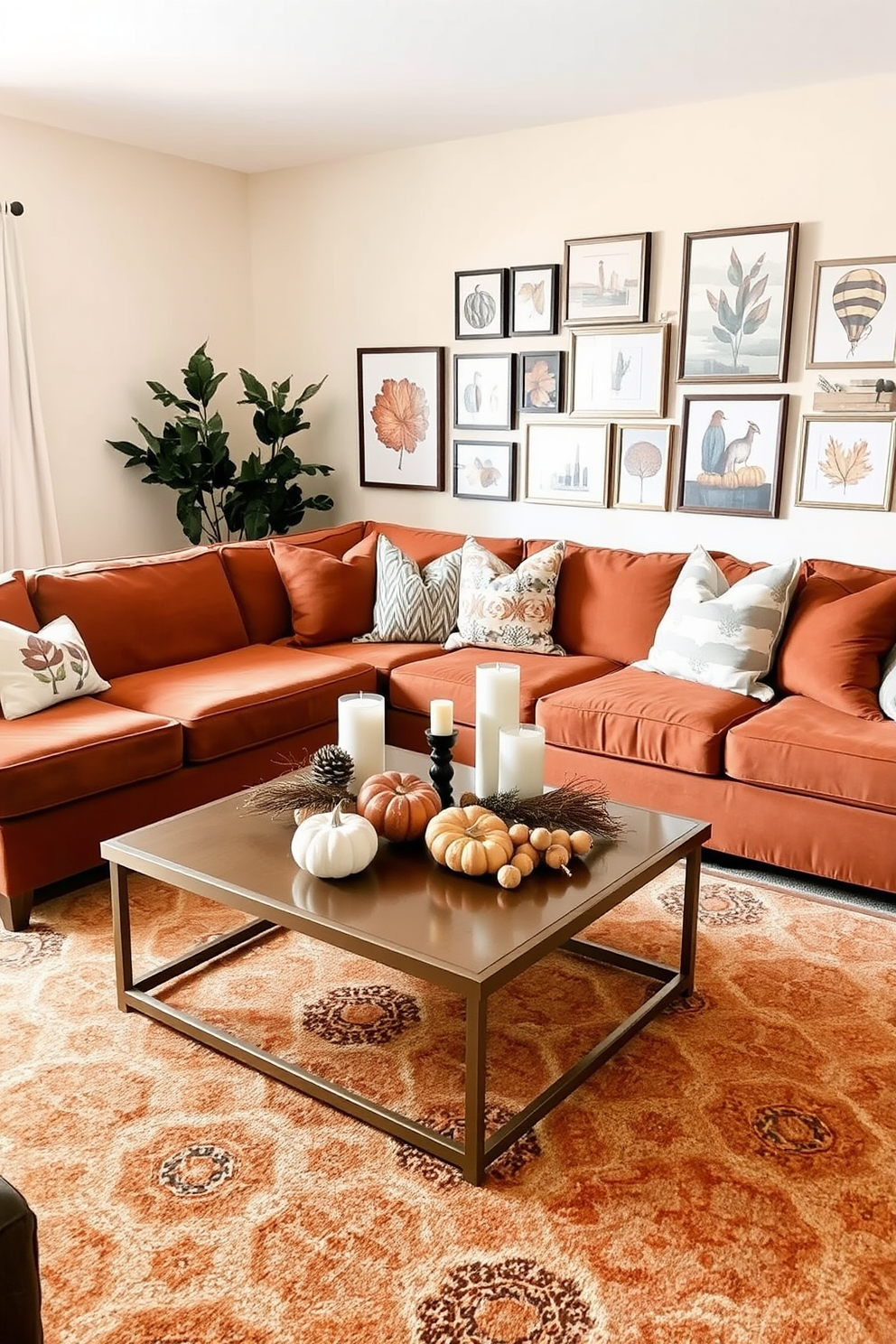 A cozy fall living room setting with a plush sectional sofa in warm earth tones. A brass coffee table sits in the center, adorned with seasonal decor like pumpkins and candles. The walls are painted in a soft cream color, creating a welcoming atmosphere. A large area rug with a geometric pattern anchors the space, while a gallery wall of autumn-themed art adds a personal touch.