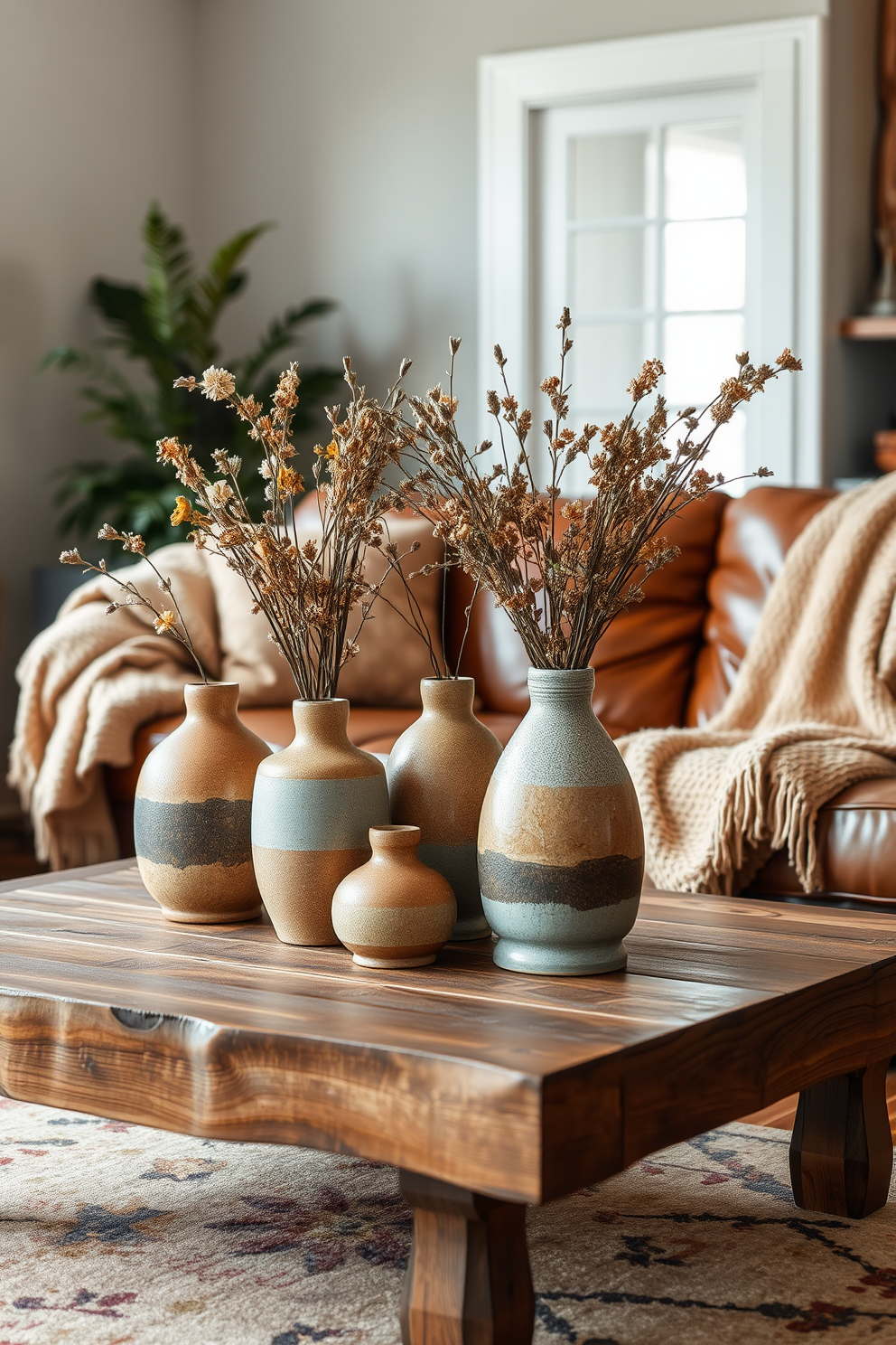 Earthy ceramic vases in various shapes and sizes are arranged on a rustic wooden coffee table. The vases are filled with dried flowers and greenery, enhancing the natural ambiance of the space. The living room features warm autumn colors with plush, textured throw blankets draped over a soft leather sofa. A cozy area rug with earthy tones anchors the seating area, inviting relaxation and comfort.