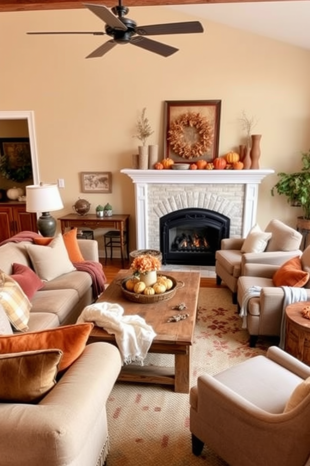 A cozy fall living room with a warm color palette. The arrangement includes a plush sectional sofa facing a rustic coffee table, surrounded by soft throw blankets and seasonal pillows. A pair of armchairs are positioned at an angle near a crackling fireplace, creating an inviting conversation area. Decorative elements like pumpkins and autumn leaves adorn the mantel, enhancing the seasonal charm.