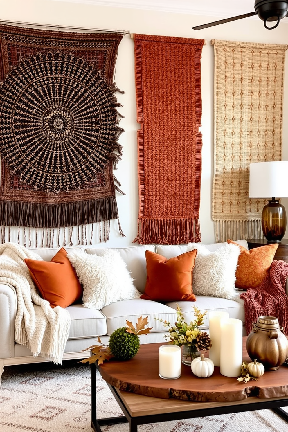 Textured wall hangings create a focal point in the living room with their rich fabrics and intricate patterns. The warm tones of autumn are reflected in the decor, featuring cozy throws and plush cushions that invite relaxation. Incorporate natural elements such as wooden accents and seasonal foliage to enhance the fall theme. A stylish coffee table adorned with candles and seasonal decor completes the inviting atmosphere.