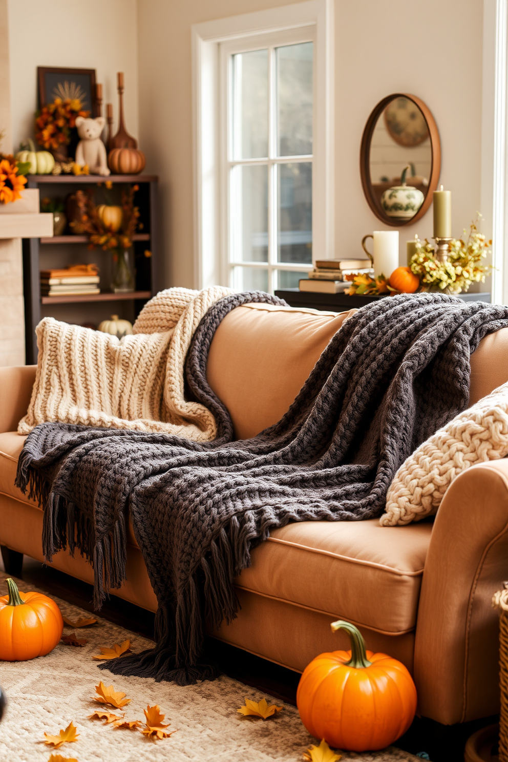 Cozy knit throw blankets are draped over plush sofas in a warm and inviting living room. The space is adorned with autumn-themed decor, featuring pumpkins and golden leaves scattered throughout.