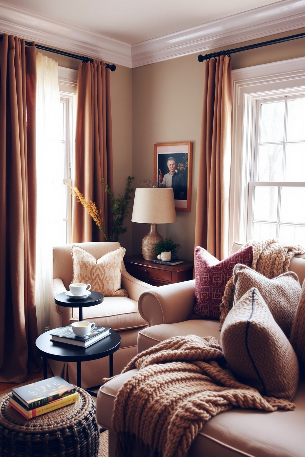 A cozy reading nook by the window features a plush armchair upholstered in soft, warm fabric. A small side table holds a steaming cup of tea and a stack of favorite books, while natural light pours in through sheer curtains. The fall living room is adorned with rich, earthy tones and layered textures. A large, inviting sofa is complemented by a mix of patterned throw pillows and a chunky knit blanket, creating a welcoming atmosphere perfect for relaxation.