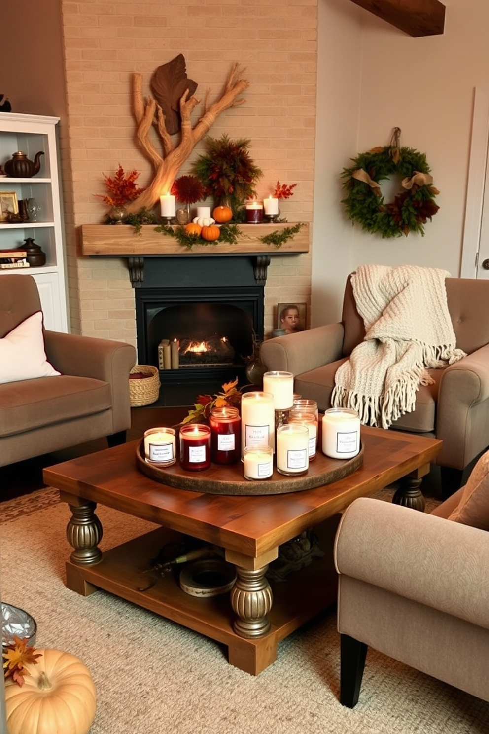 A cozy fall living room adorned with seasonal scented candles in various sizes. The candles are arranged on a rustic wooden coffee table surrounded by plush armchairs and a warm throw blanket draped over one of them.