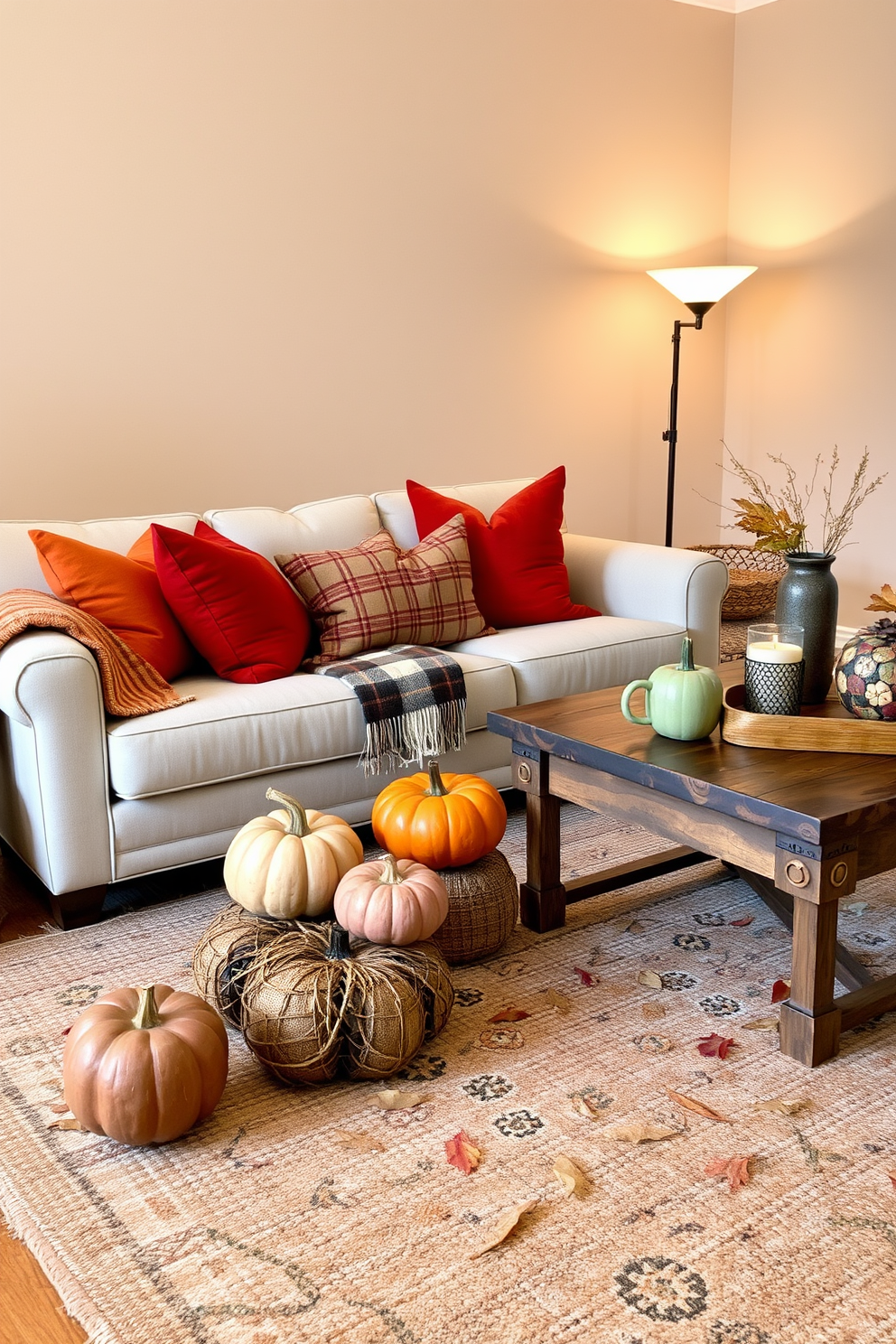 A cozy fall living room with a neutral base featuring a soft beige sofa and light taupe walls. Colorful accents are introduced through vibrant orange and deep red throw pillows, a warm plaid blanket draped over the armrest, and a rustic wooden coffee table adorned with seasonal decorations. The space is illuminated by a stylish floor lamp with a warm glow, creating an inviting atmosphere. A rich, textured area rug in earthy tones anchors the seating area, while a collection of pumpkins and autumn leaves adds a festive touch to the decor.