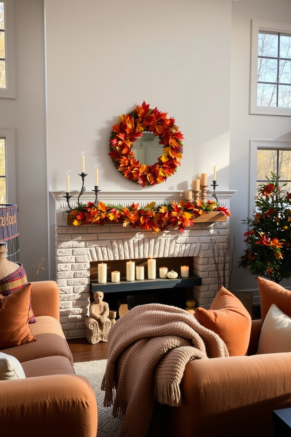 A cozy living room featuring a beautifully decorated mantel adorned with vibrant autumn leaves in shades of orange, red, and yellow. The mantel is complemented by a collection of rustic candles and small pumpkins, creating a warm and inviting atmosphere. The room is filled with plush seating in earthy tones, and a soft throw blanket is casually draped over a chair. Large windows allow natural light to filter in, highlighting the seasonal decor and enhancing the overall ambiance of the space.