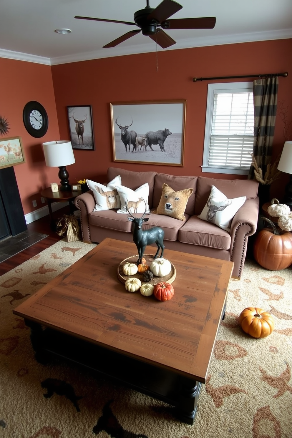 A cozy fall living room adorned with animal motifs. The walls are painted in warm earth tones, and a large area rug features subtle animal prints that add texture to the space. A plush sofa is decorated with cushions showcasing various wildlife designs, creating a playful yet sophisticated atmosphere. A wooden coffee table, accented with a small sculpture of a deer, sits at the center, surrounded by autumn-themed decor like pumpkins and candles.