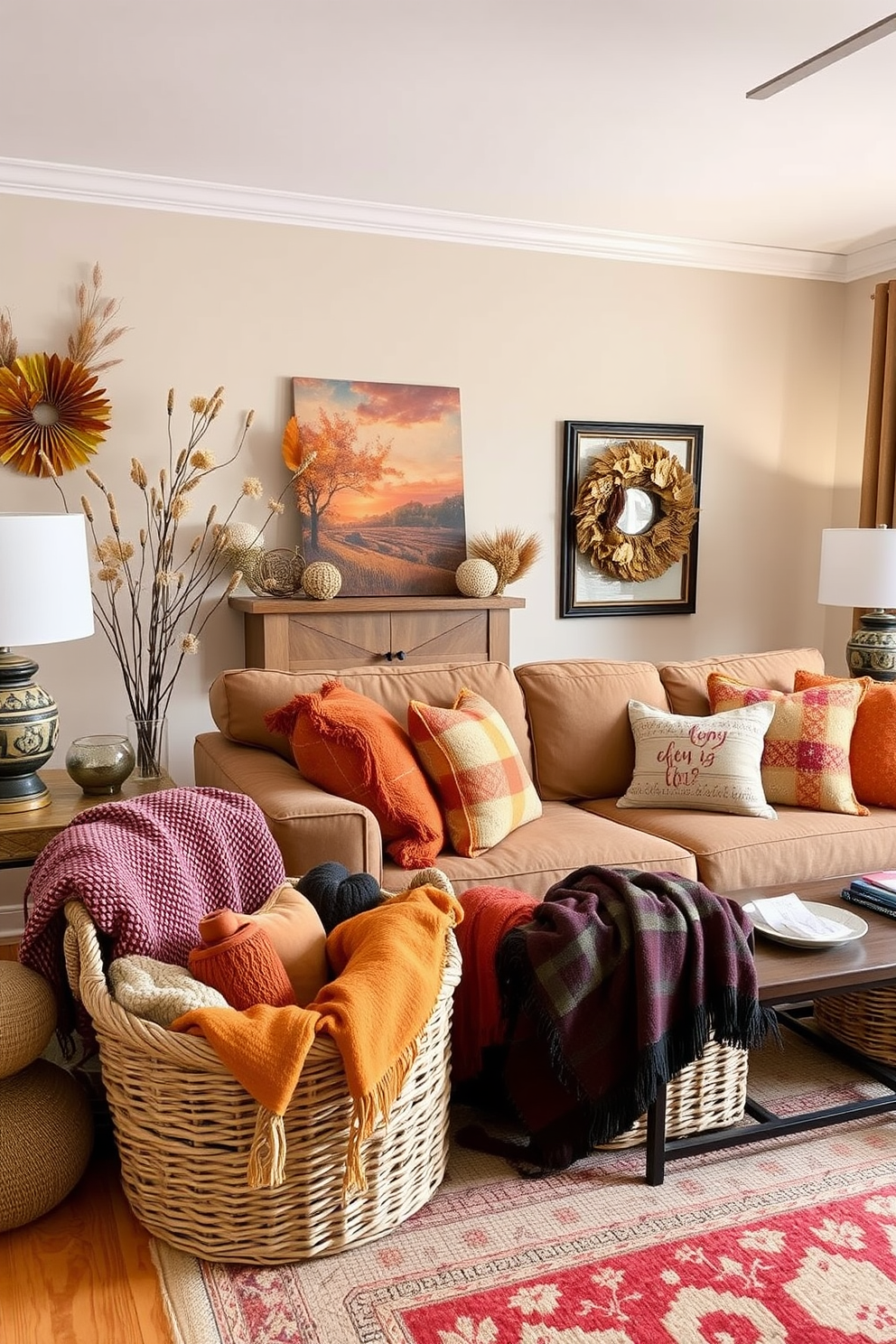 A cozy fall living room adorned with seasonal throw blankets displayed in woven baskets. The warm color palette features rich oranges and deep browns, complemented by soft lighting from decorative table lamps.