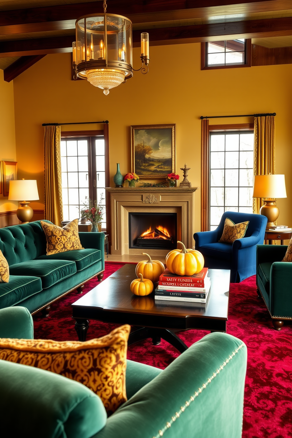 A luxurious fall living room adorned with rich jewel tones creates an inviting atmosphere. Plush emerald green sofas are complemented by deep sapphire blue accent chairs, while a ruby red area rug anchors the space. Warm golden lighting casts a cozy glow over the room, enhancing the richness of the colors. A stylish coffee table made of dark wood is topped with decorative pumpkins and a stack of art books, adding seasonal charm.