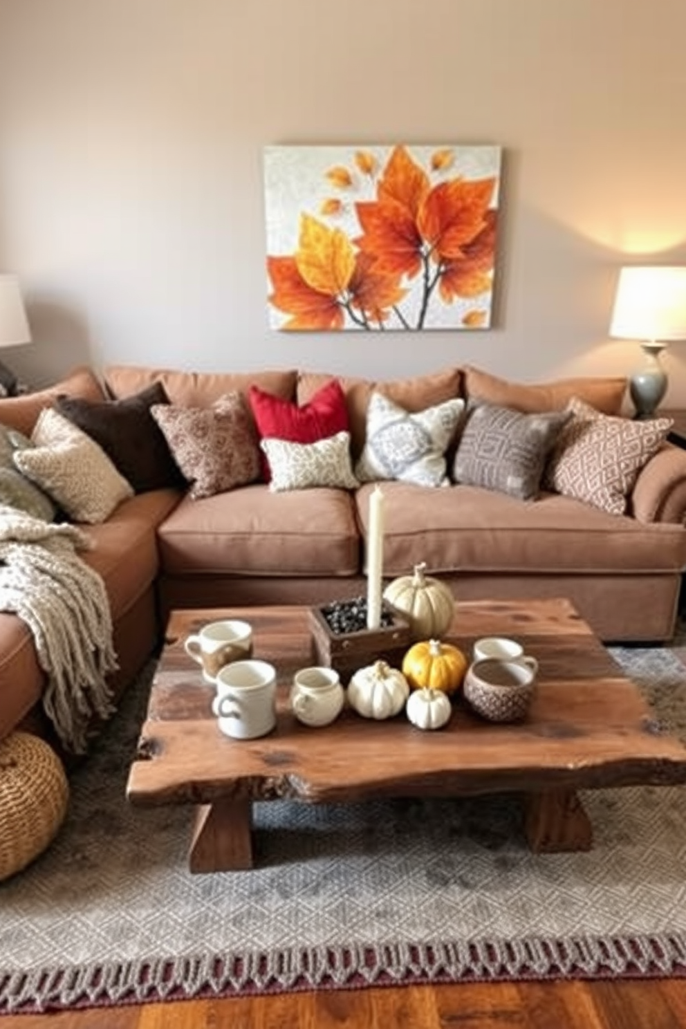 A cozy fall living room adorned with handmade decor items. A plush, oversized sofa in warm earth tones is complemented by a collection of handwoven throw pillows and a knitted blanket draped over one arm. A rustic coffee table made from reclaimed wood sits at the center, surrounded by a mix of handmade ceramic mugs and a centerpiece of seasonal gourds and candles. The walls are painted in a soft taupe, and a hand-painted mural of autumn leaves adds a unique touch to the space.