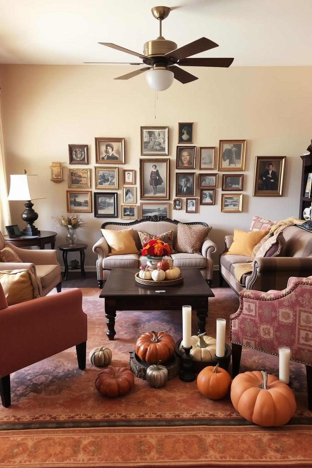 A cozy fall living room filled with vintage finds that add character. An antique wooden coffee table sits in the center, surrounded by a mix of plush armchairs and a vintage sofa adorned with warm-toned throw pillows. The walls are painted in a soft beige, creating a warm backdrop for a gallery of vintage artwork. A large area rug with autumnal colors anchors the space, while a collection of decorative pumpkins and candles enhances the seasonal ambiance.