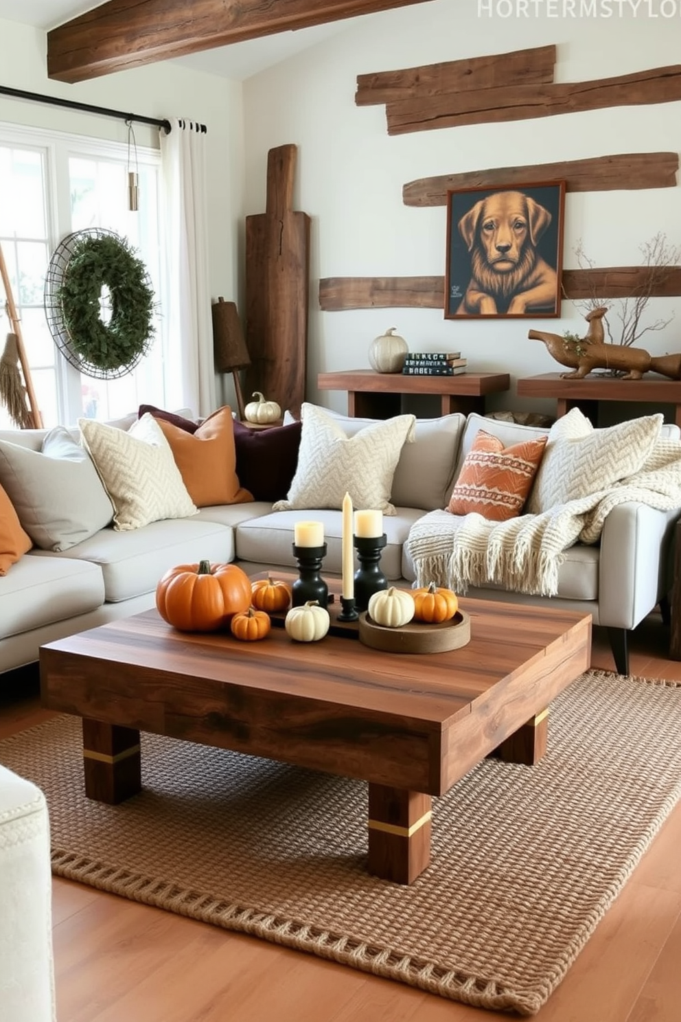 A cozy fall living room featuring layered textures with an assortment of plush pillows in warm autumn colors. A soft, woven rug anchors the space, complemented by a chunky knit throw draped over a modern sofa. The walls are adorned with rustic wooden accents, creating a welcoming atmosphere. A coffee table made of reclaimed wood sits at the center, adorned with seasonal decor like pumpkins and candles.