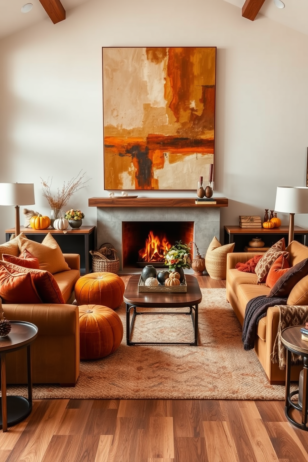 A spacious fall living room features a large-scale abstract painting as the focal point above a cozy fireplace. The room is adorned with rich autumnal hues, including deep oranges and warm browns, complemented by plush seating and layered textures. Incorporate oversized throw pillows and a soft area rug to create an inviting atmosphere. Natural elements like wooden accents and seasonal decor enhance the warm and welcoming vibe of the space.