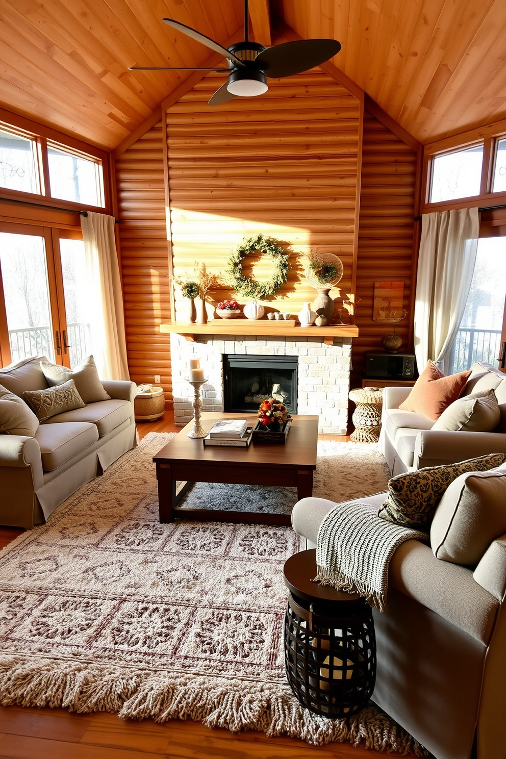 A cozy fall living room filled with natural wood accents that bring warmth to the space. The room features a large wooden coffee table surrounded by plush, neutral-colored sofas and a soft area rug. A fireplace with a rustic wooden mantel serves as the focal point, adorned with seasonal decorations like pumpkins and autumn leaves. Large windows allow natural light to flood the room, complemented by sheer curtains that gently sway in the breeze.