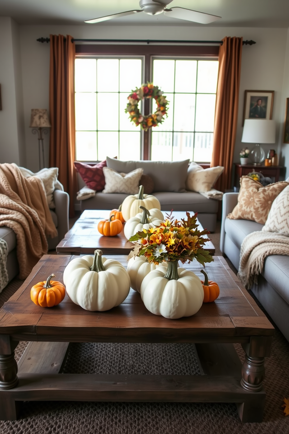 A cozy fall living room adorned with pumpkin and gourd centerpieces on rustic wooden tables. Plush throw blankets in warm tones are draped over the couches, creating an inviting atmosphere.