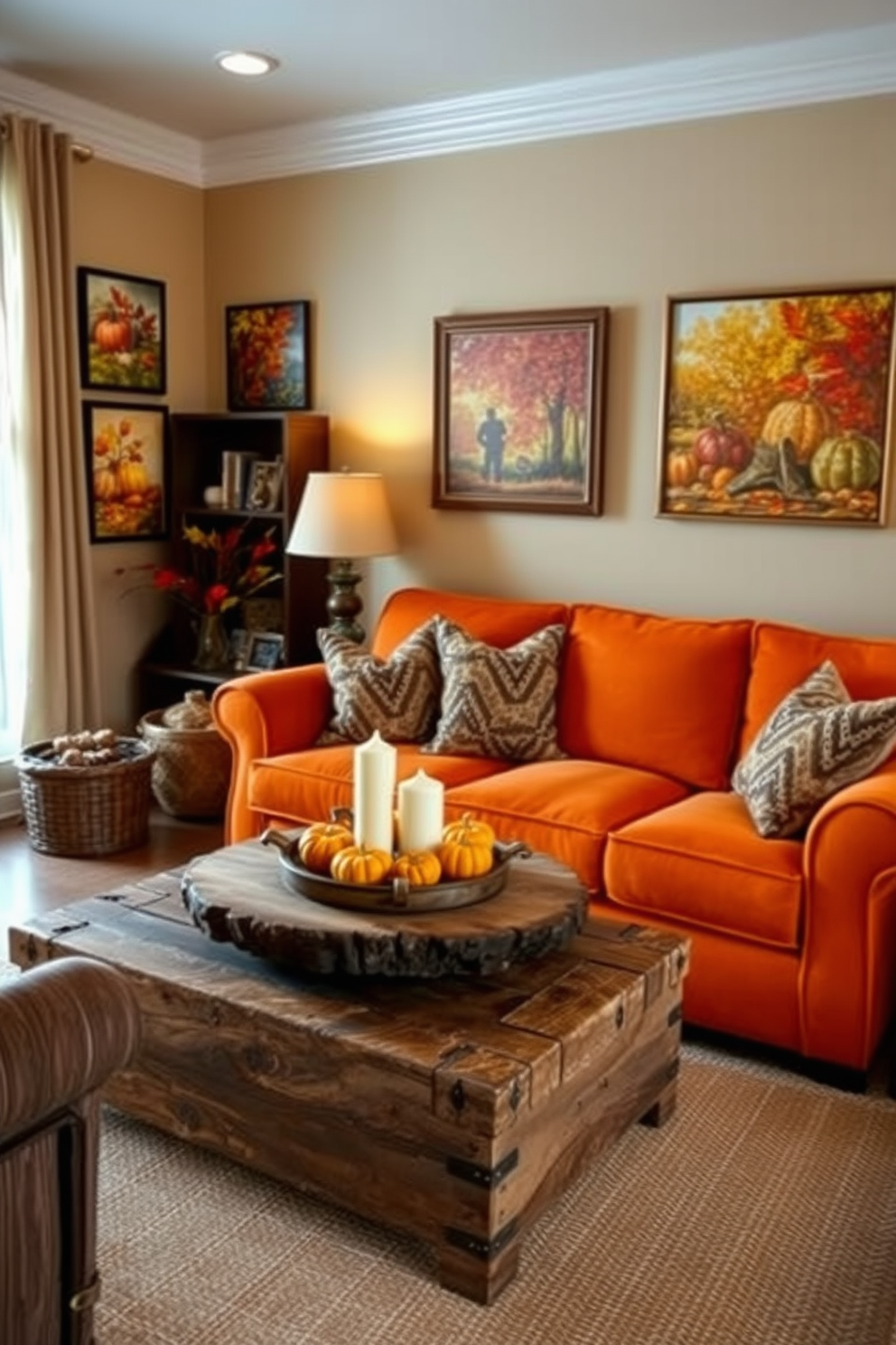 A cozy autumn-themed living room filled with warm hues and natural textures. The walls are adorned with vibrant artwork depicting autumn leaves and harvest scenes, creating a welcoming atmosphere. A plush, oversized sofa in a rich orange fabric invites relaxation, complemented by a collection of patterned throw pillows in earthy tones. A rustic coffee table made of reclaimed wood sits in the center, topped with a decorative bowl filled with seasonal gourds and candles.