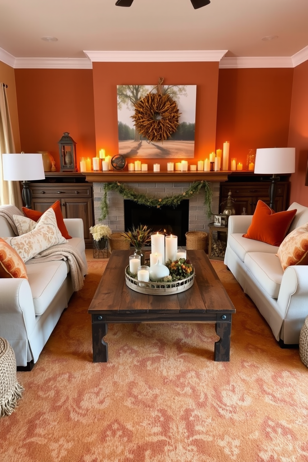 A cozy fall living room setting adorned with candles in warm hues that create a welcoming ambiance. Plush sofas are draped with soft throw blankets, and a rustic wooden coffee table is topped with seasonal decor. The walls are painted in a rich, earthy tone that complements the autumn theme. A large area rug in warm colors anchors the space, while decorative pillows add texture and comfort.