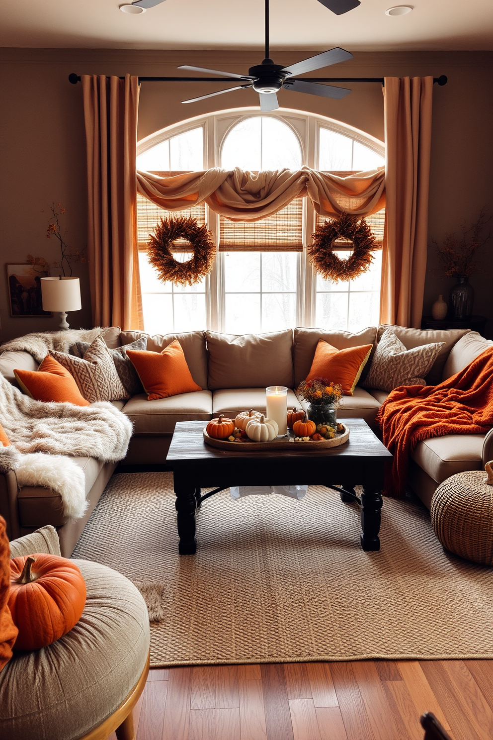 A cozy fall living room filled with warmth and inviting textures. Soft faux fur throws are draped over a plush sectional sofa, creating an atmosphere of comfort and relaxation. Rich autumn colors dominate the space, with deep oranges and earthy browns accentuating the decor. A rustic coffee table sits in the center, adorned with seasonal decorations like mini pumpkins and candles.