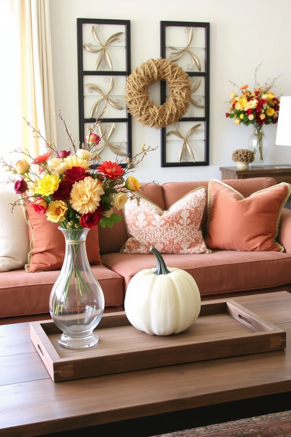 A cozy fall living room adorned with seasonal floral arrangements in elegant vases. The space features warm-toned throw pillows on a plush sofa, complemented by a rustic coffee table topped with a pumpkin centerpiece.