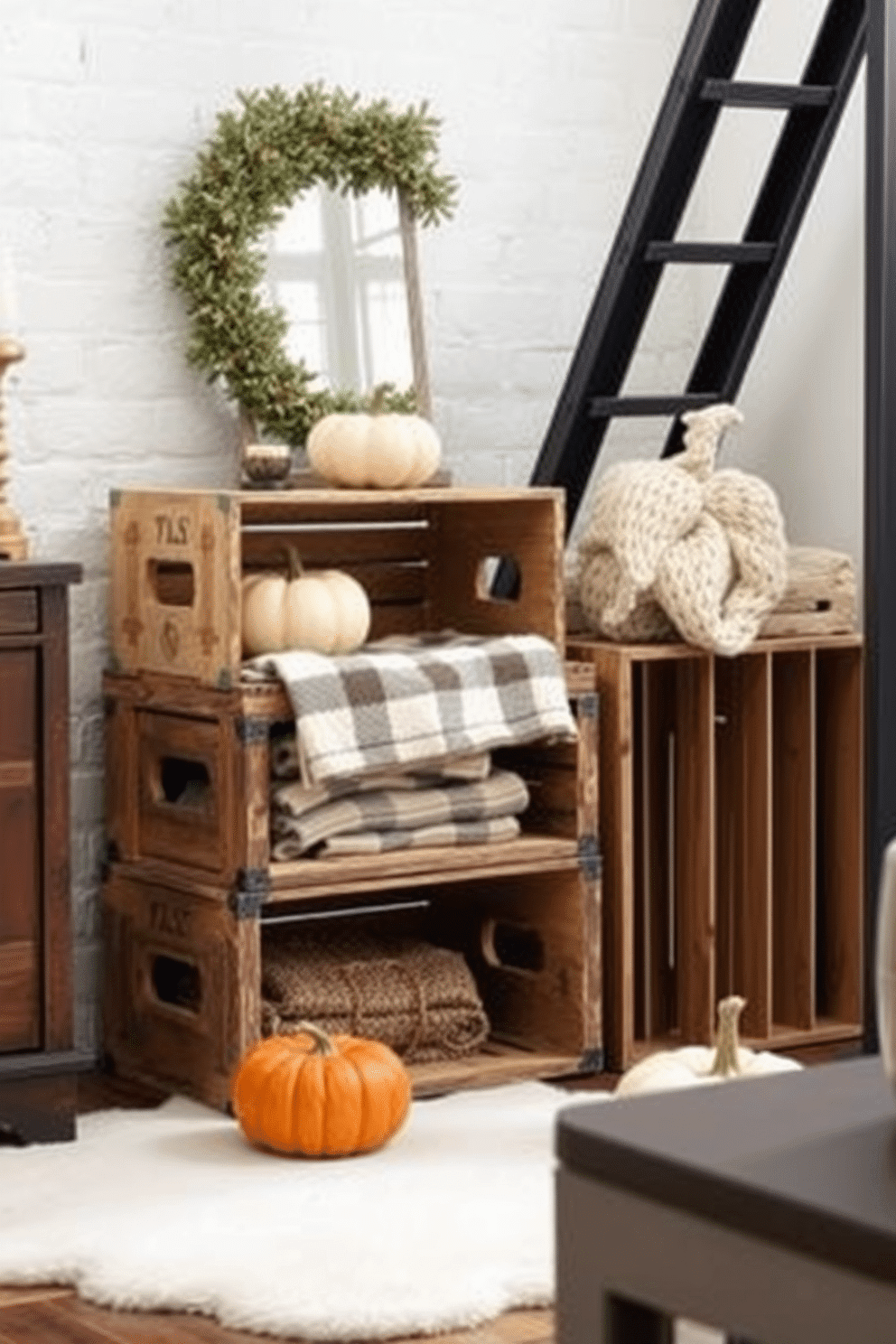 Vintage crates serve as charming decorative storage elements, adding a rustic touch to your fall loft decor. Stacked in a cozy corner, they can hold seasonal items like blankets and pumpkins, enhancing the warm ambiance of the space.