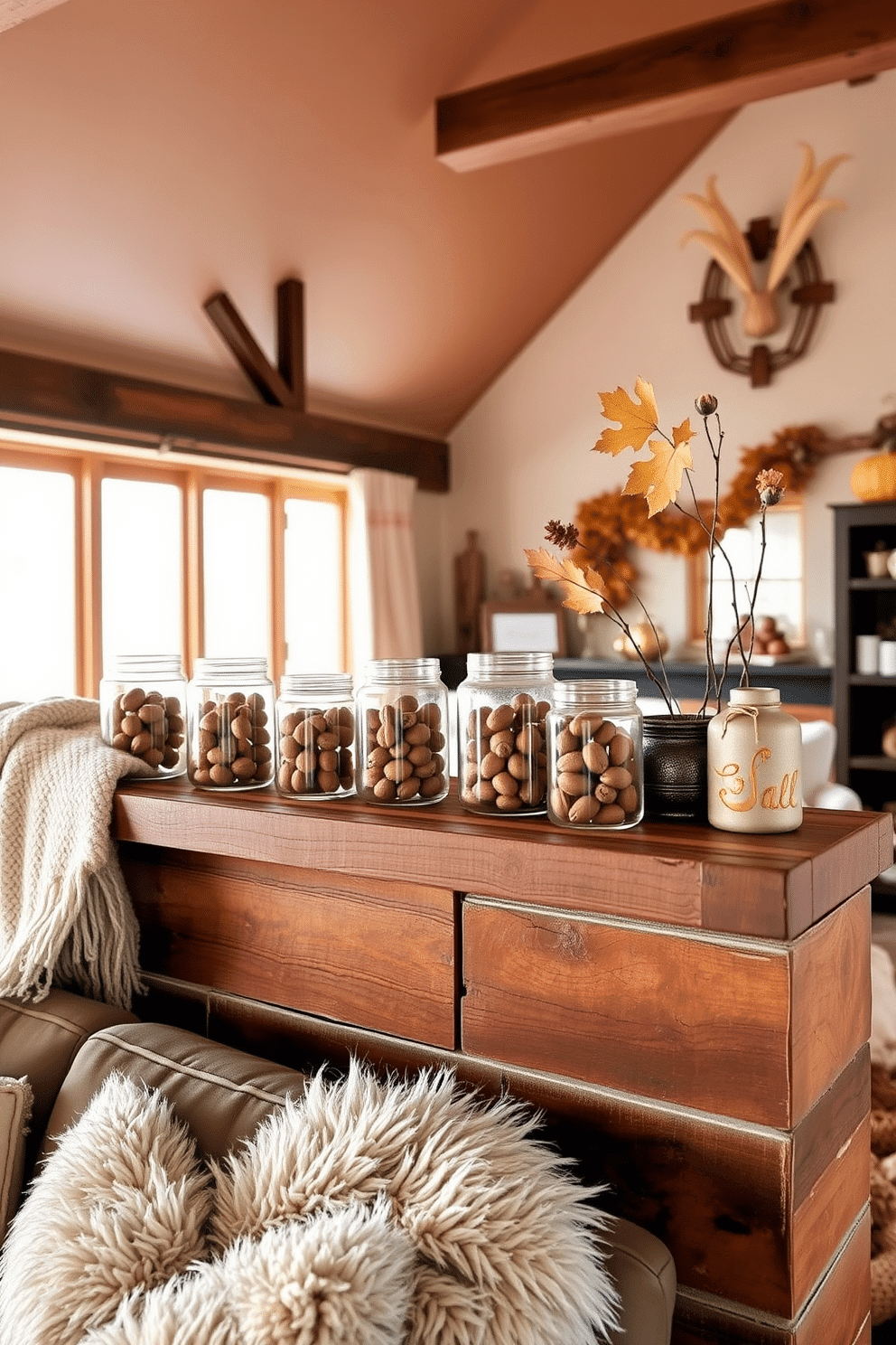 A cozy loft decorated for fall features glass jars filled with acorns artfully arranged on a rustic wooden shelf. Warm, earthy tones dominate the space, complemented by soft throws and plush cushions that invite relaxation.