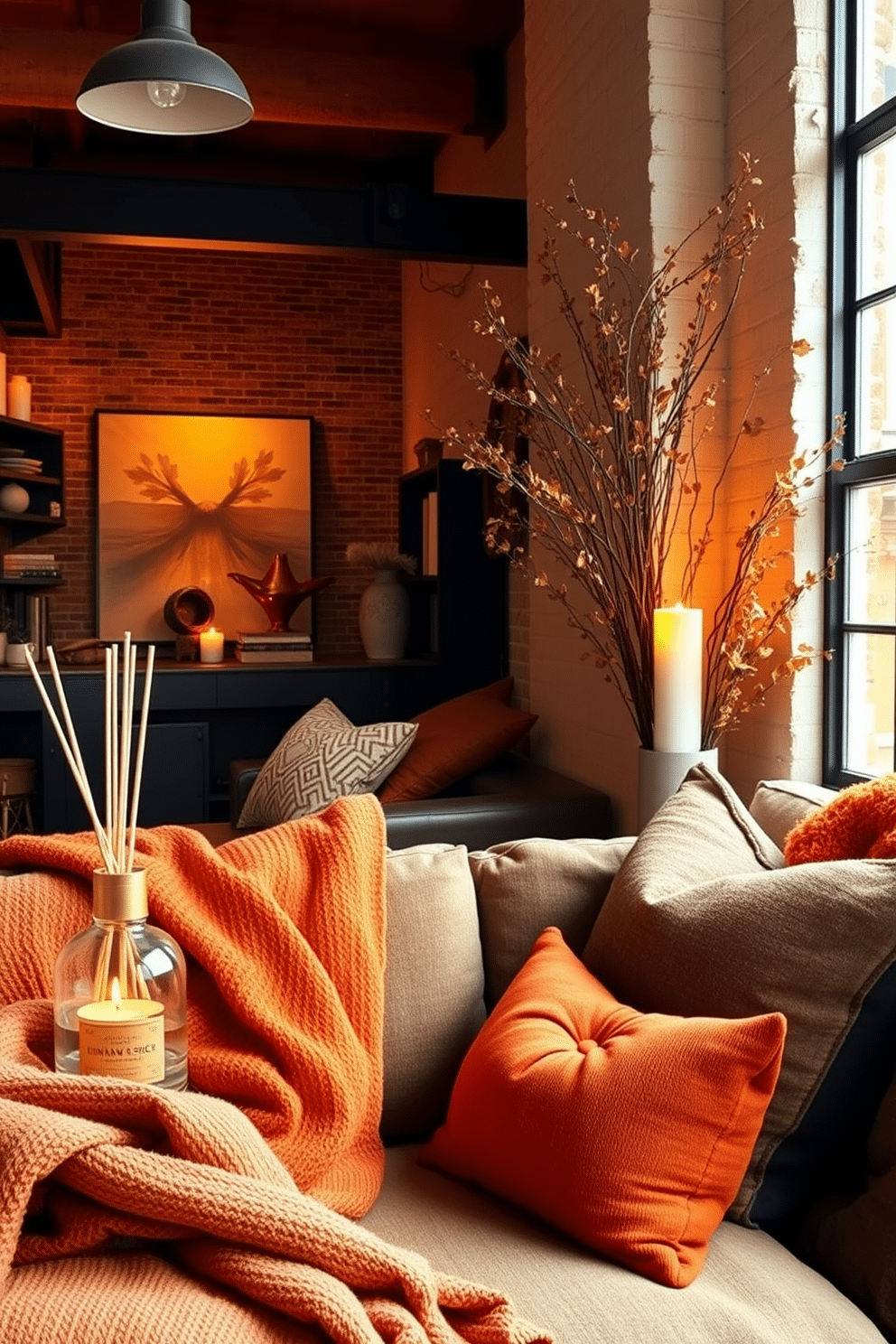 A cozy loft space adorned with seasonal decor that evokes the essence of fall. Soft, warm lighting enhances the ambiance, while stylish diffusers and candles filled with autumn scents like cinnamon and pumpkin spice are strategically placed throughout the room. Rich, textured fabrics in deep oranges and browns are draped over furniture, creating a welcoming atmosphere. Decorative pillows and throws complement the seasonal theme, inviting relaxation and comfort in this stylish loft setting.