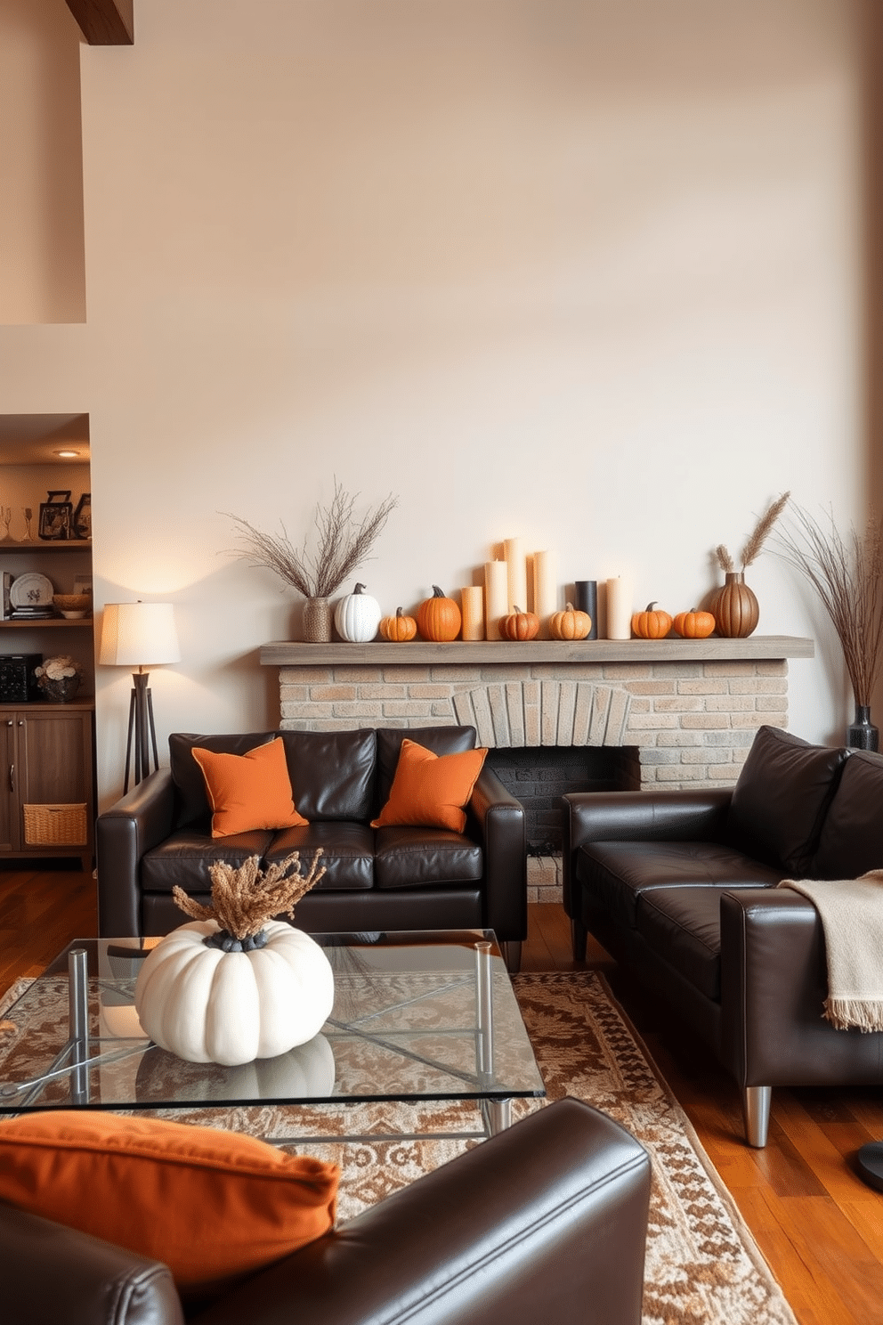 A cozy living room featuring leather accents that add a modern touch. The space includes a plush leather sofa paired with a sleek glass coffee table and a stylish area rug. Warm autumn colors dominate the decor, with throw pillows in deep oranges and browns. A collection of pumpkins and candles are artfully arranged on the mantel, enhancing the fall loft aesthetic.