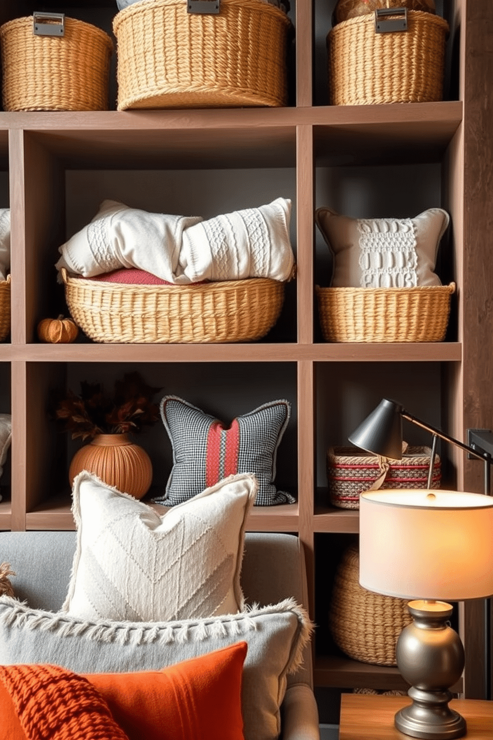 Natural fiber baskets are arranged neatly on open shelves, adding warmth and texture to the space. The baskets are filled with cozy blankets and seasonal decor elements, enhancing the inviting atmosphere of the fall loft. Rich autumn colors are incorporated through decorative pillows and throws, creating a cozy ambiance. Soft lighting from stylish lamps casts a warm glow, perfect for relaxing evenings in the loft.