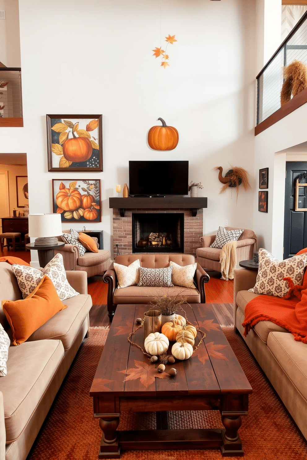 A cozy loft decorated for fall features warm tones and rustic elements. The walls are adorned with fall-themed artwork showcasing vibrant leaves and pumpkins, creating an inviting atmosphere. Plush seating arrangements are complemented by soft throw blankets in earthy colors. A wooden coffee table displays seasonal decorations like acorns and small gourds, enhancing the autumnal vibe.