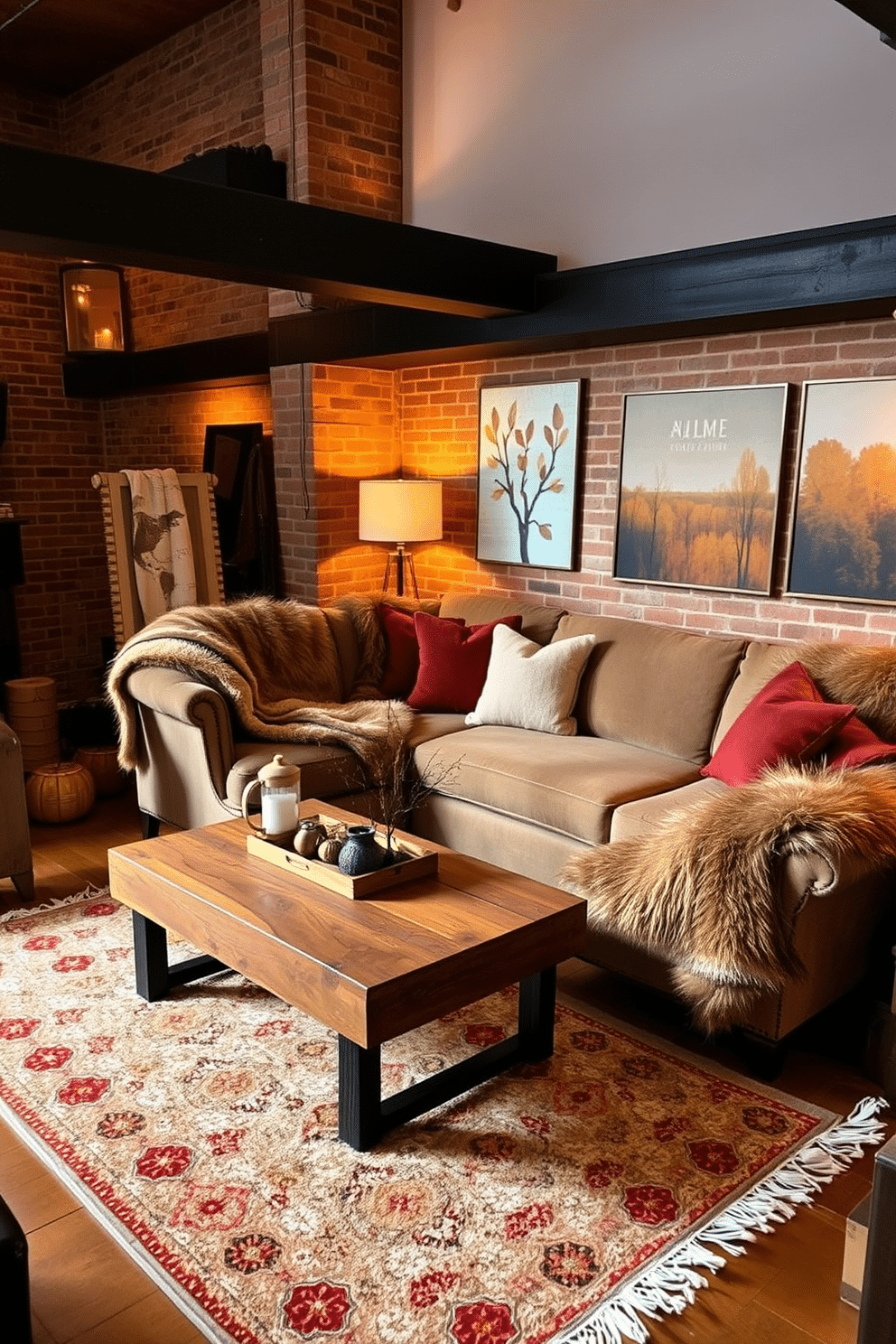 A cozy loft space adorned with faux fur throws creates an inviting atmosphere perfect for fall. The throws are draped elegantly over a plush sectional sofa, complemented by warm-toned accent pillows and a rustic wooden coffee table. Soft golden lighting enhances the richness of the decor, while autumn-inspired artwork adorns the walls. A stylish area rug in earthy tones ties the room together, inviting relaxation and comfort during the chilly season.