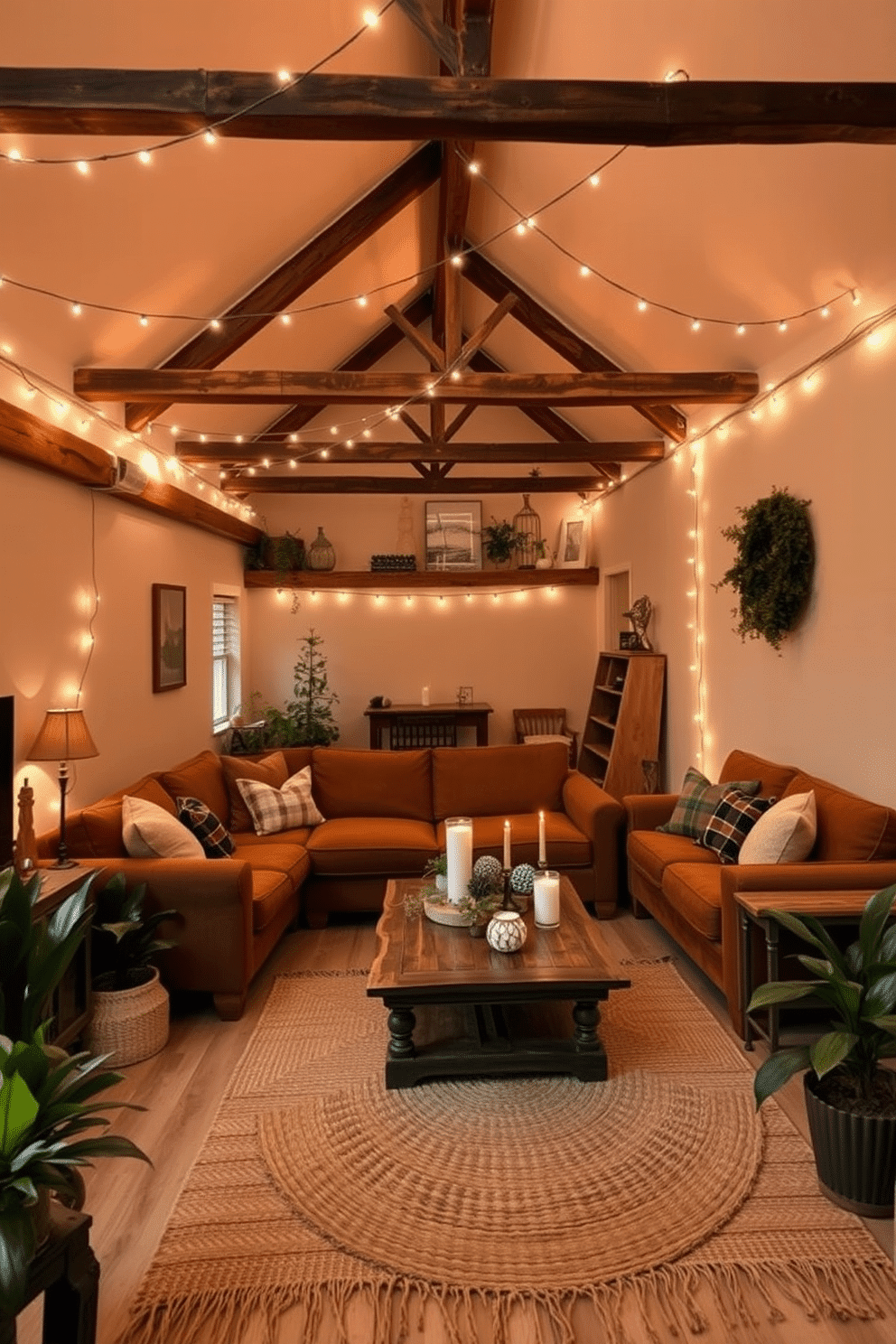 A cozy loft space adorned with warm lighting created by string lights draped along the exposed beams of the ceiling. The walls are painted in a soft beige, complemented by rustic wooden furniture and plush textiles to create an inviting atmosphere. A large sectional sofa in a rich earth tone is arranged around a reclaimed wood coffee table, topped with seasonal decorations and candles. A woven area rug anchors the seating area, while potted plants add a touch of greenery throughout the space.