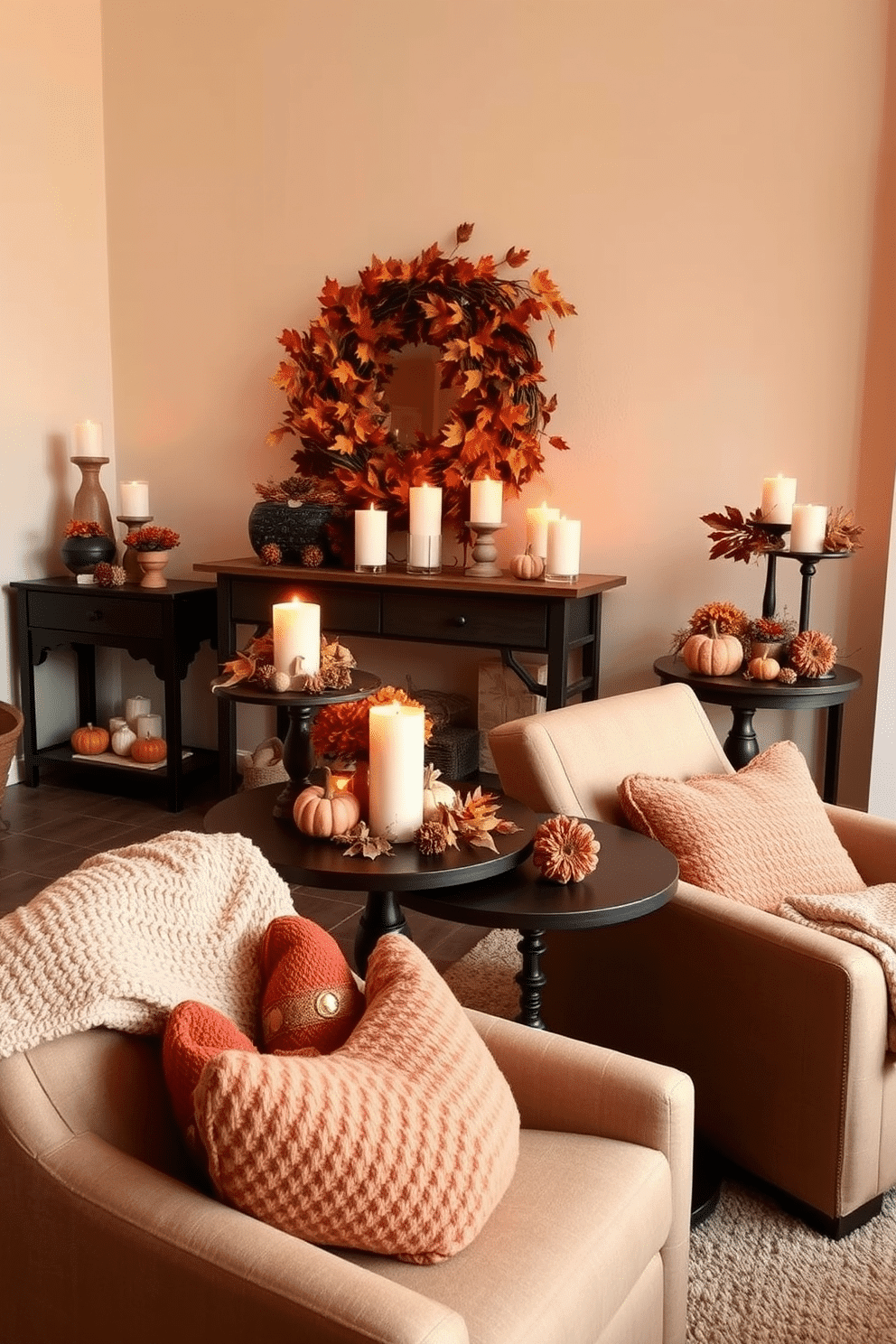 A cozy loft space featuring accent tables adorned with autumn decor. Each table is topped with small pumpkins, colorful leaves, and warm-toned candles to create a seasonal ambiance. The walls are painted in a soft cream color, complementing the rich hues of the decor. Plush throw blankets drape over the chairs, inviting relaxation and comfort in this fall-inspired setting.