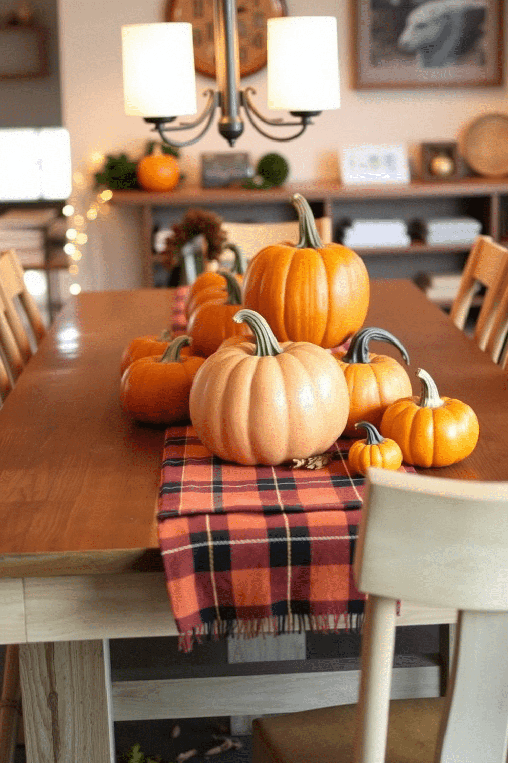 A cozy dining table adorned with pumpkin centerpieces in varying sizes and shades of orange. Surrounding the table are rustic wooden chairs, and a warm plaid table runner adds texture to the setting. The backdrop features soft, ambient lighting that highlights the autumn decor. A few scattered leaves and small gourds complete the fall loft decorating theme, creating a welcoming atmosphere.