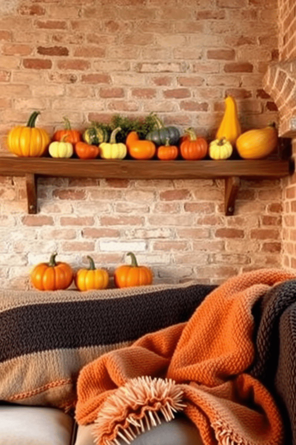 A cozy loft space adorned with colorful gourds as decorative pieces. The gourds are arranged on a rustic wooden shelf, creating a vibrant focal point against the backdrop of exposed brick walls. Soft, warm lighting illuminates the space, enhancing the rich autumnal colors of the decor. Plush throw blankets in earthy tones are draped over a comfortable sofa, inviting relaxation and warmth.