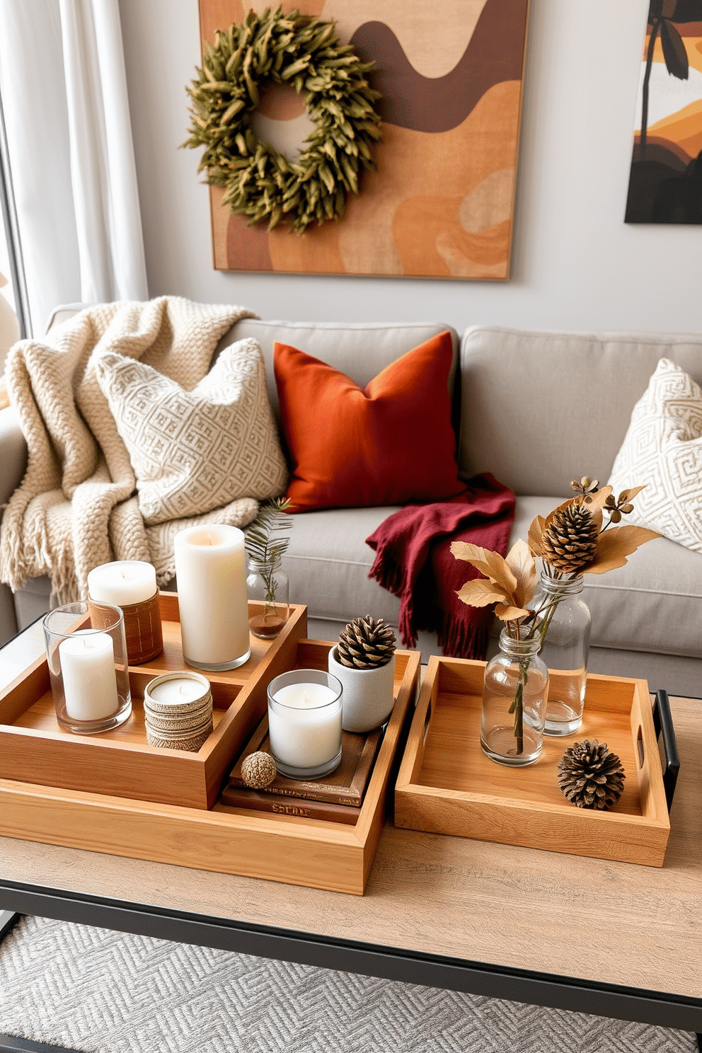 A collection of wooden trays is arranged on a stylish coffee table, featuring varying sizes and finishes to create visual interest. Each tray holds curated items such as candles, seasonal decor, and small plants, enhancing the cozy atmosphere of the living space. For fall loft decorating ideas, rich autumn colors are incorporated through plush throw blankets and decorative pillows on the sofa. Natural elements like pinecones and dried leaves are artfully displayed in glass vases, bringing the warmth of the season indoors.