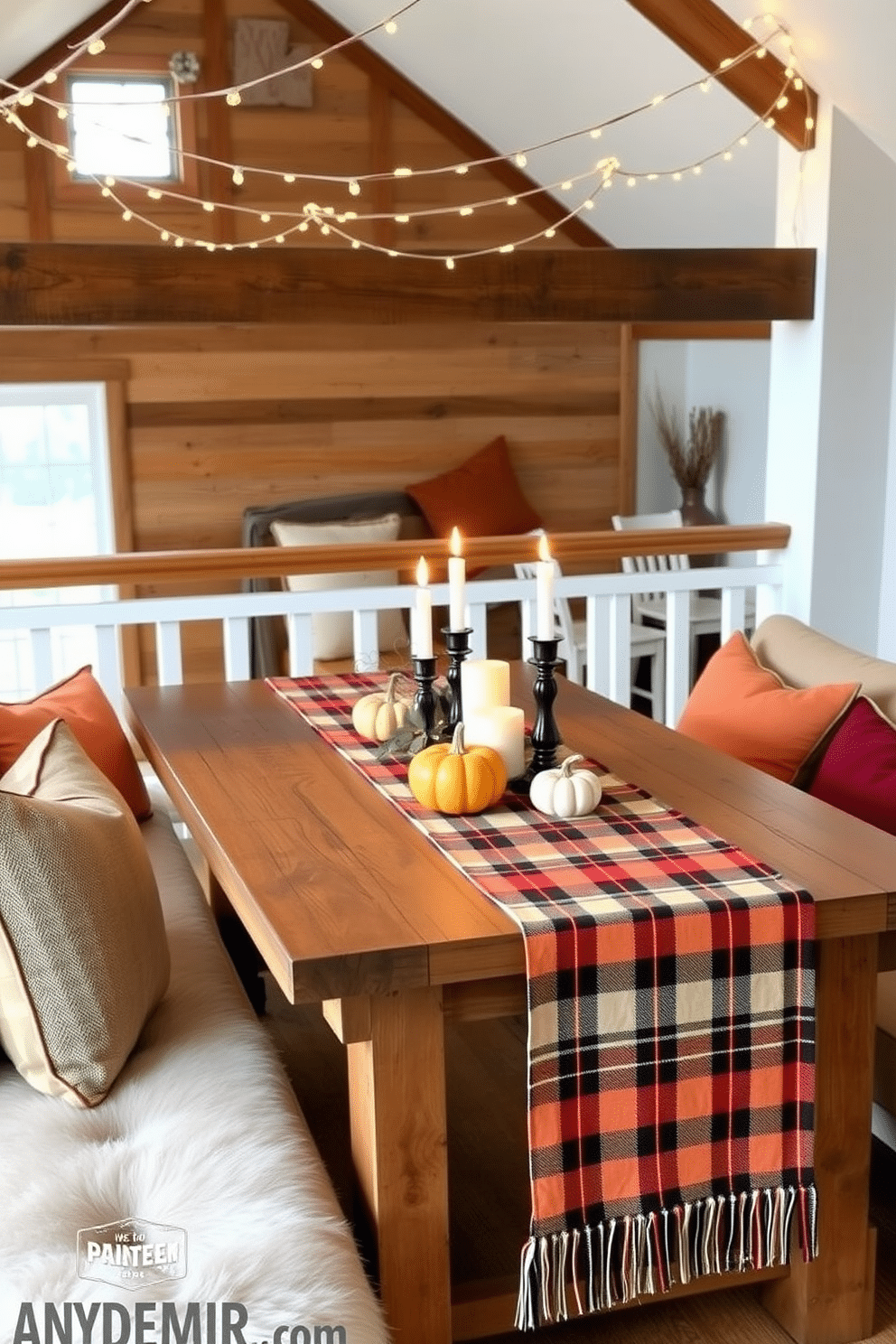 Chic plaid table runners drape elegantly over a rustic wooden dining table. The warm tones of the plaid complement the autumn-inspired decor, featuring pumpkins and candles that create a cozy ambiance. In the background, soft fairy lights twinkle above, enhancing the inviting atmosphere of the loft. Plush seating adorned with throw pillows in coordinating colors invites guests to gather and enjoy the seasonal setting.