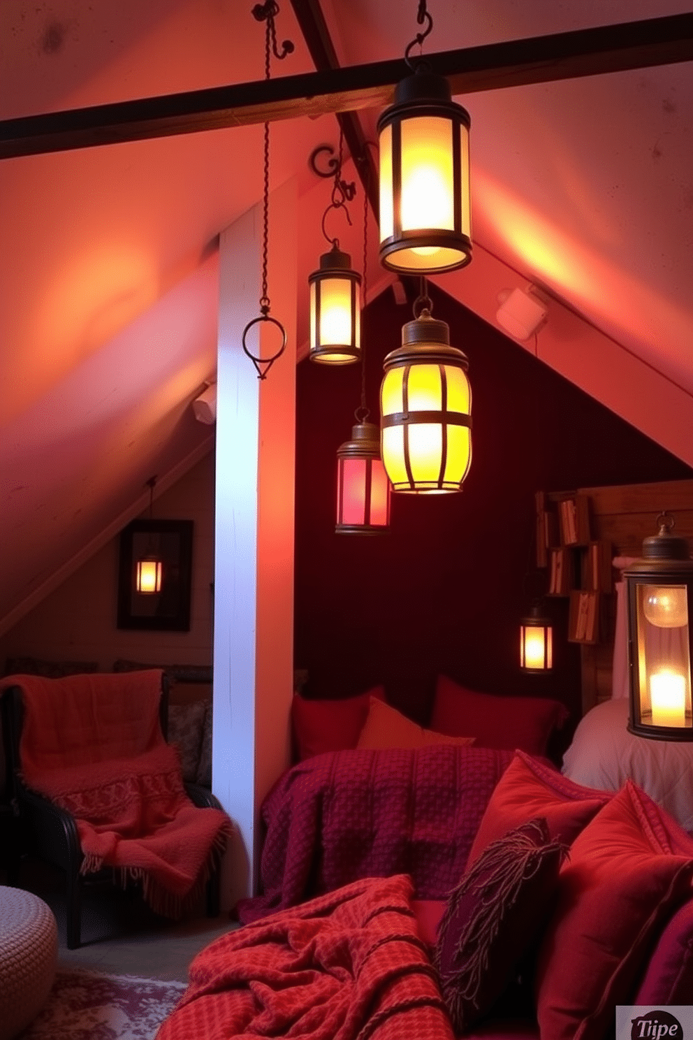 A cozy loft space adorned with hanging lanterns that cast a warm glow throughout the room. The decor features rich autumn colors with plush throw blankets and decorative pillows in shades of orange and deep red.