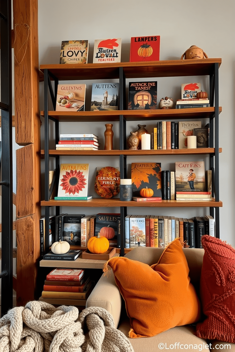 Seasonal books are artfully arranged on open shelves, showcasing vibrant autumn covers and cozy themes. The warm hues of the books complement the rustic charm of the loft, creating an inviting atmosphere perfect for fall. Thoughtfully placed decorative items, such as small pumpkins and candles, enhance the seasonal display. Soft throws and plush cushions in rich earth tones add comfort and style to the loft space.