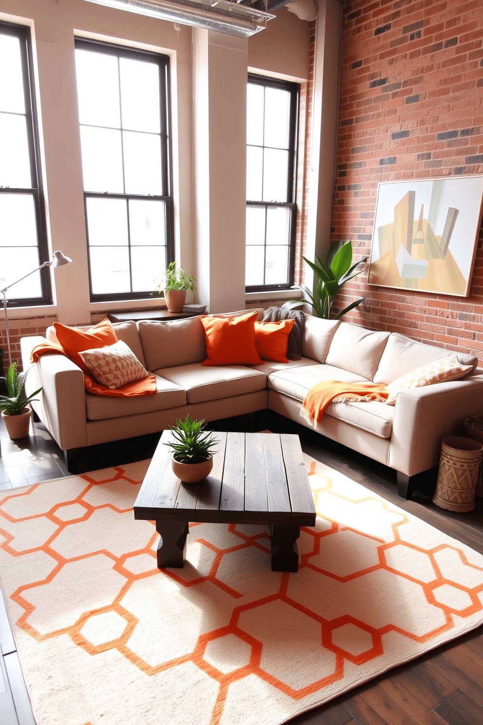 A cozy loft space featuring a neutral color palette accented with pops of orange. The room includes a plush beige sofa adorned with vibrant orange throw pillows and a rustic wooden coffee table at its center. Large windows allow natural light to flood the space, highlighting the warm tones of the exposed brick walls. A stylish area rug in soft cream with orange geometric patterns anchors the seating area, while a few potted plants add a touch of greenery.