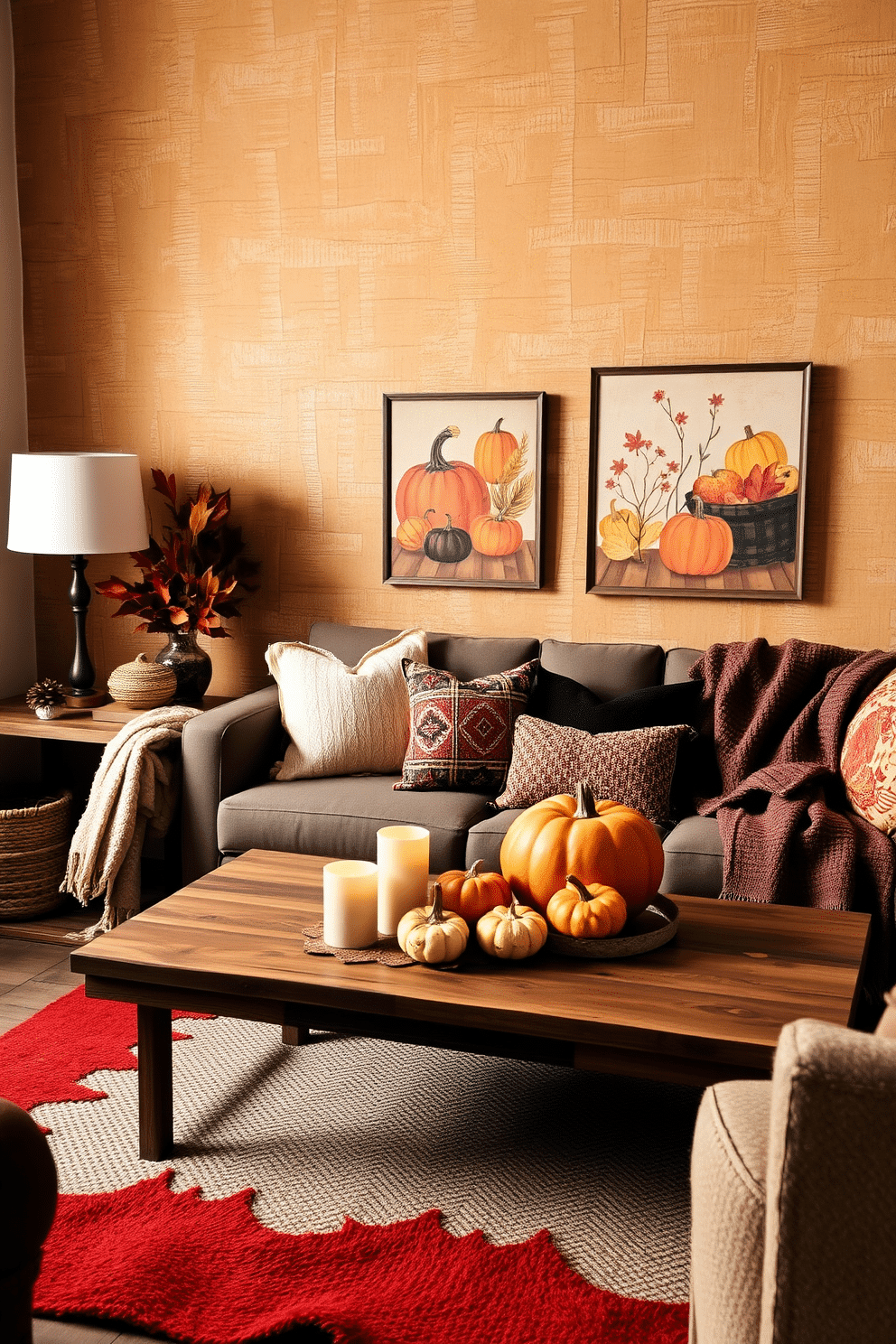 Textured wallpaper in warm earth tones creates a cozy backdrop for the fall season. Layered with soft throws and seasonal decor, the space invites comfort and warmth. Incorporate rich hues of orange and deep red through decorative pillows and autumn-themed artwork. A rustic wooden coffee table adorned with candles and small pumpkins completes the inviting atmosphere.