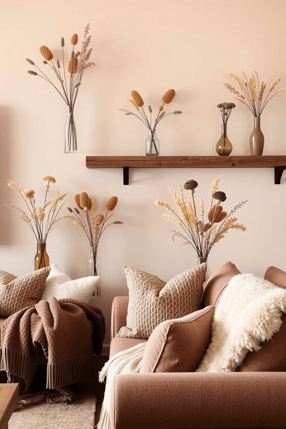 A cozy loft space adorned with dried flower arrangements in elegant vases. The warm color palette features soft browns and muted yellows, creating an inviting atmosphere. The vases are strategically placed on rustic wooden shelves, enhancing the natural charm of the space. Plush textiles and layered throw blankets add comfort to the seating area, complementing the overall fall aesthetic.